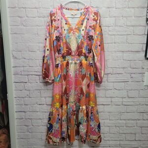 Ciebon Floral Print V-Neck Midi Dress in Pink and Orange